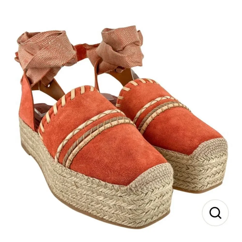 Ulla Johnson Terracotta Suede Platform Espadrille Flats with Ankle Tie